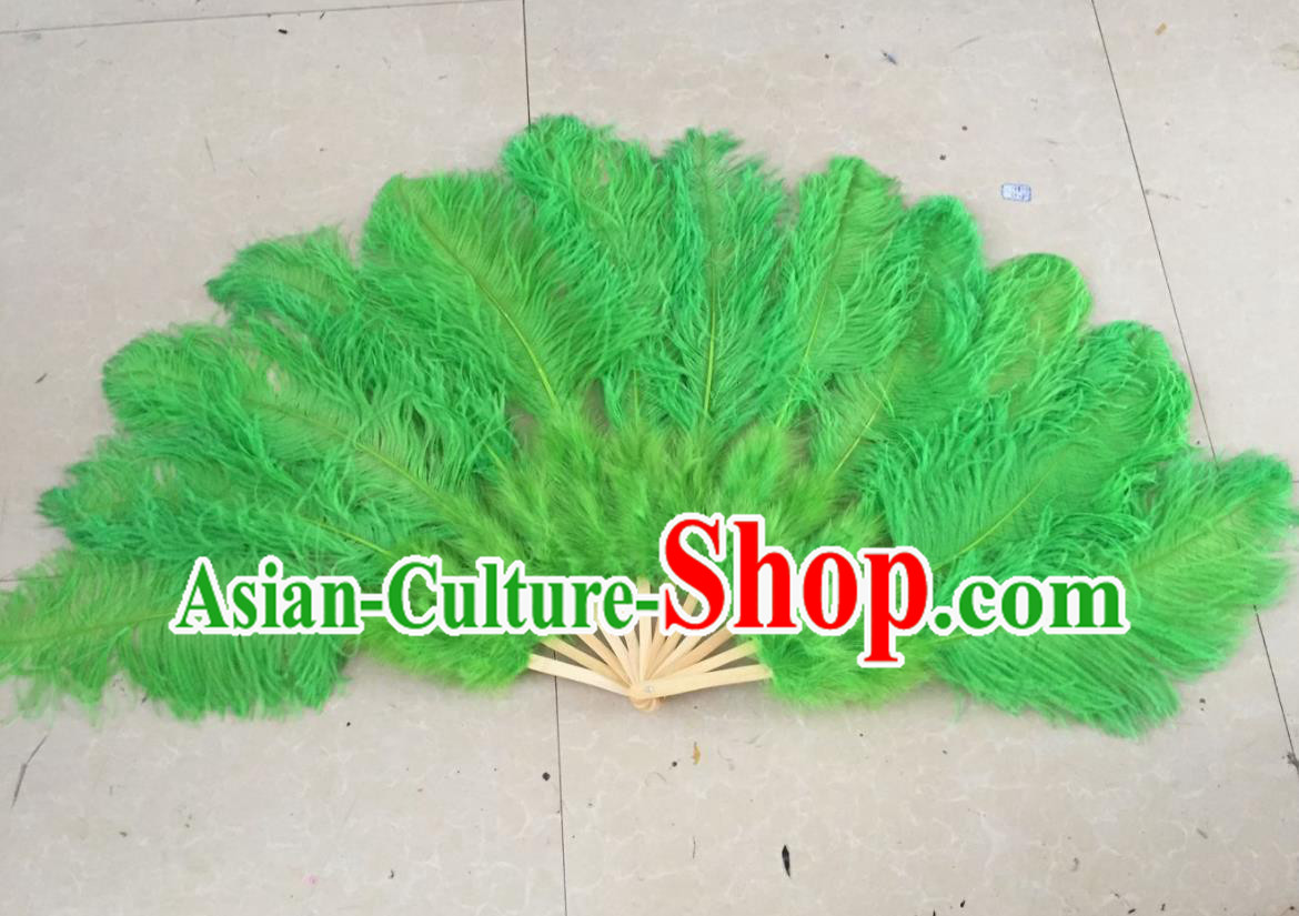 Top Grade Professional Performance Catwalks Green Feather Big Fans, Brazilian Rio Carnival Parade Samba Dance Folding Fans