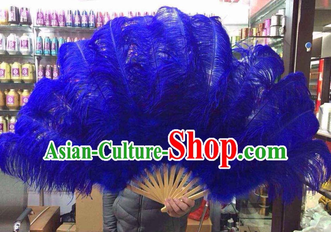 Top Grade Professional Performance Catwalks Royalblue Feather Big Fans, Brazilian Rio Carnival Parade Samba Dance Folding Fans