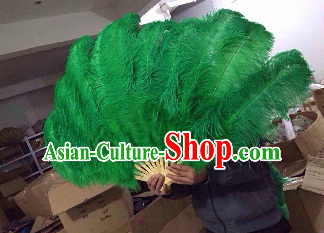 Top Grade Professional Performance Catwalks Deep Green Feather Big Fans, Brazilian Rio Carnival Parade Samba Dance Folding Fans