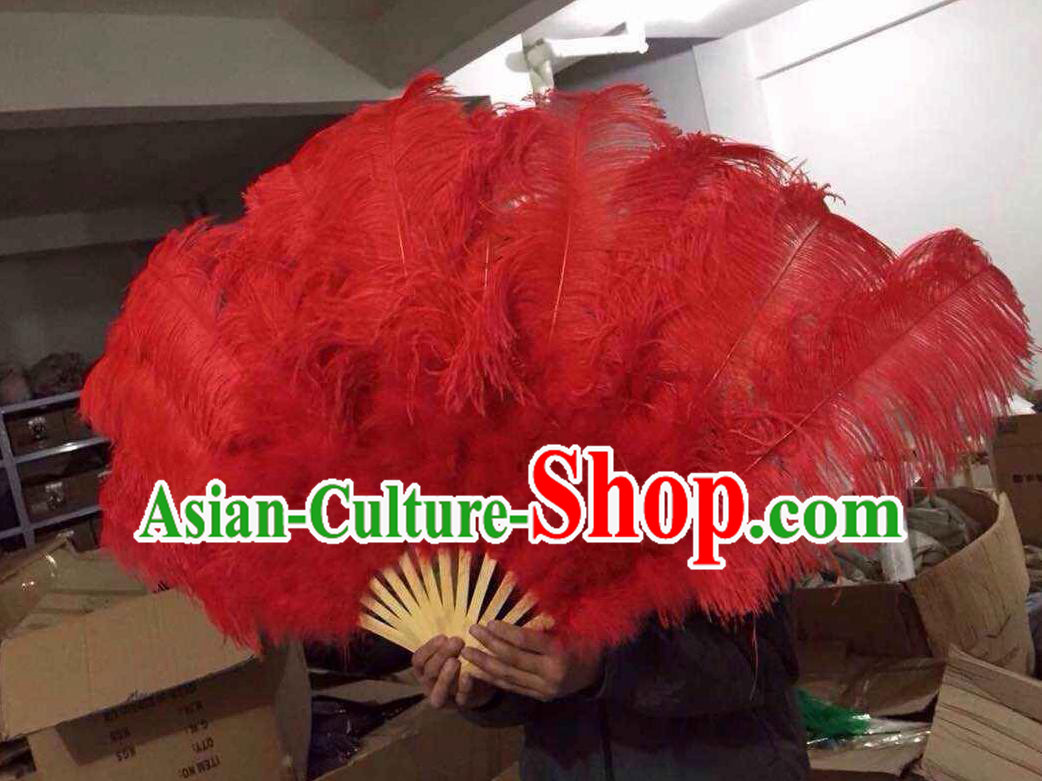 Top Grade Professional Performance Catwalks Red Feather Big Fans, Brazilian Rio Carnival Parade Samba Dance Folding Fans