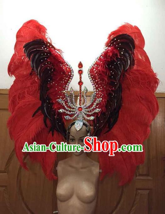 Top Grade Brazilian Rio Carnival Samba Dance Red Feathers Big Hair Accessories Deluxe Headpiece, Halloween Parade Feather Decorations Crystal Headwear for Women
