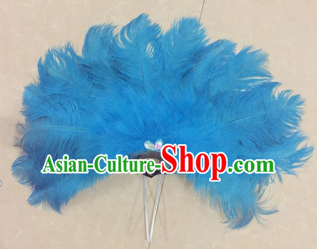 Top Grade Professional Performance Catwalks Blue Feathers Deluxe Hair Accessories, Brazilian Rio Carnival Parade Samba Dance Headdress for Women