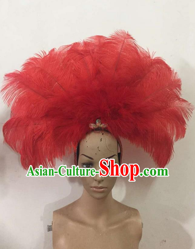 Top Grade Professional Performance Catwalks Red Feathers Deluxe Hair Accessories, Brazilian Rio Carnival Parade Samba Dance Headdress for Women