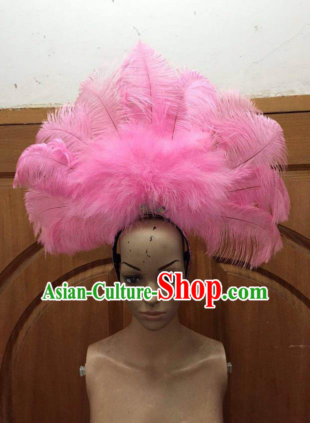 Top Grade Professional Performance Catwalks Pink Feathers Deluxe Hair Accessories, Brazilian Rio Carnival Parade Samba Dance Headdress for Women