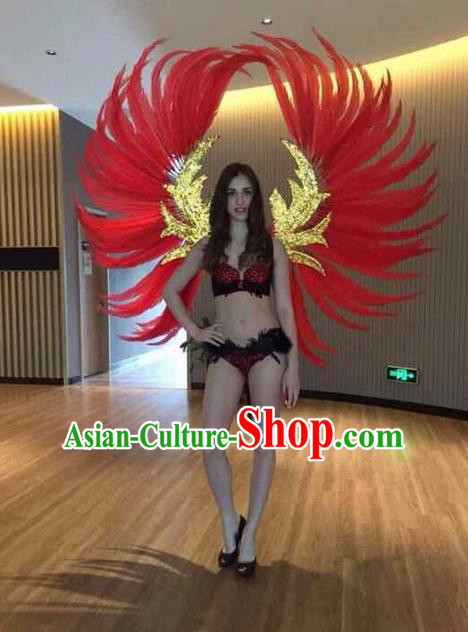 Top Grade Professional Performance Catwalks Red Feathers Decorations Backplane, Brazilian Rio Carnival Parade Samba Dance Wings for Women