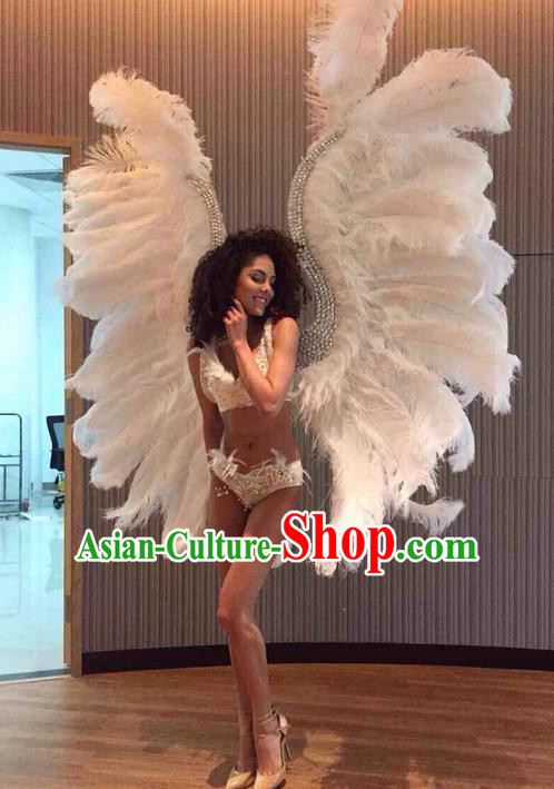 Top Grade Professional Performance Catwalks White Feathers Decorations Backplane, Brazilian Rio Carnival Parade Samba Dance Wings for Women