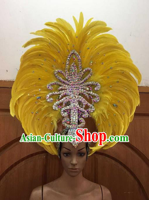 Top Grade Professional Performance Catwalks Yellow Feathers Big Hair Accessories, Brazilian Rio Carnival Parade Samba Dance Deluxe Hat for Women