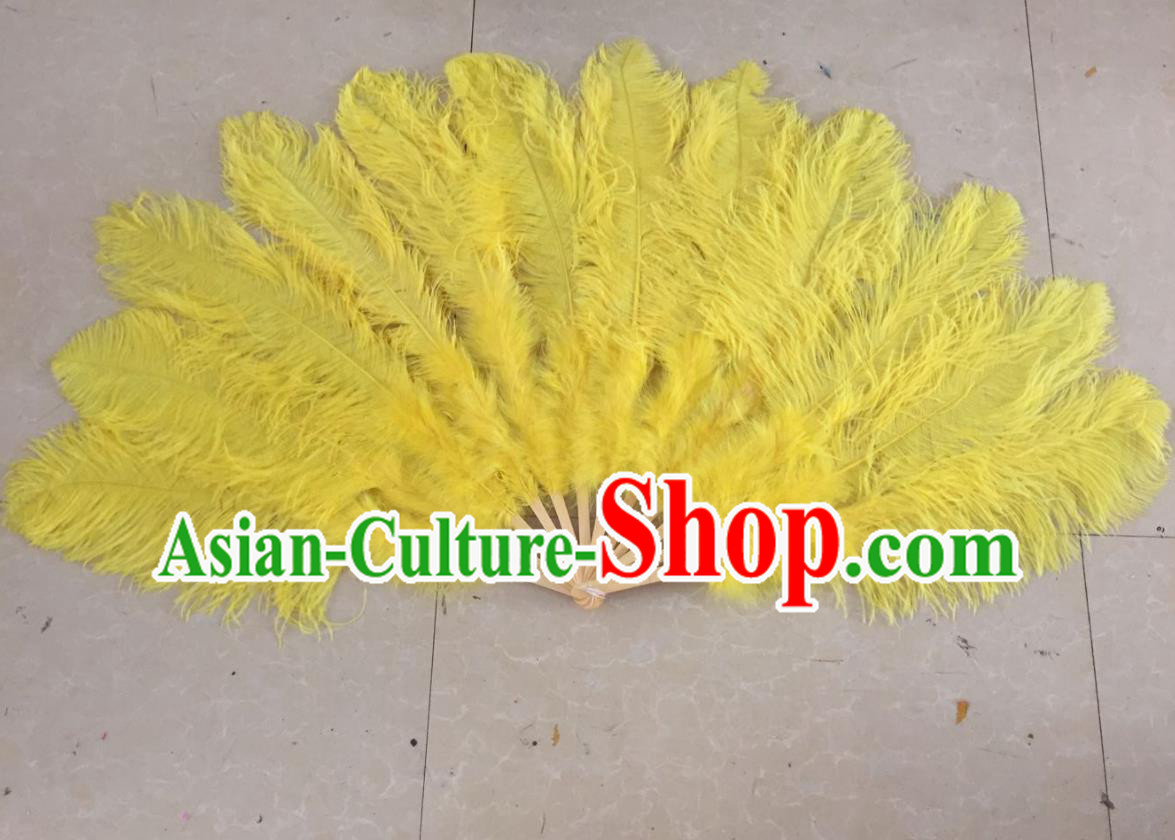 Top Grade Professional Performance Catwalks Yellow Feather Big Fans, Brazilian Rio Carnival Parade Samba Dance Folding Fans