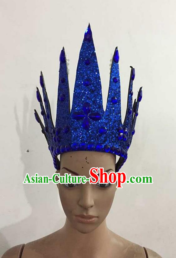 Top Grade Professional Performance Catwalks Hair Accessories, Brazilian Rio Carnival Parade Samba Dance Royalblue Crystal Crown Headwear for Women