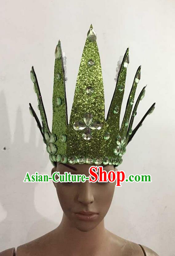 Top Grade Professional Performance Catwalks Hair Accessories, Brazilian Rio Carnival Parade Samba Dance Green Crystal Crown Headwear for Women