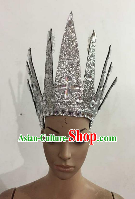 Top Grade Professional Performance Catwalks Hair Accessories, Brazilian Rio Carnival Parade Samba Dance White Crystal Crown Headwear for Women