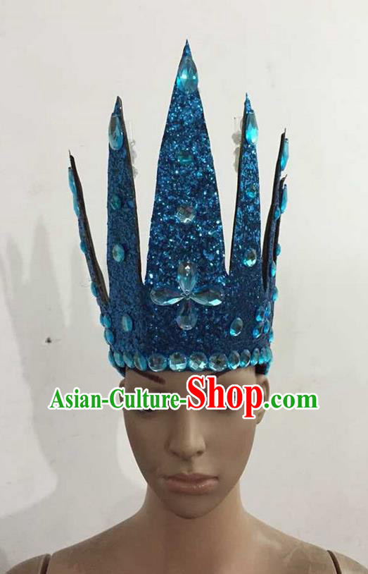 Top Grade Professional Performance Catwalks Hair Accessories, Brazilian Rio Carnival Parade Samba Dance Blue Crystal Crown Headwear for Women