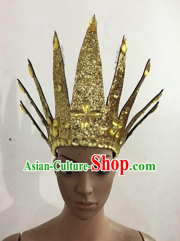 Top Grade Professional Performance Catwalks Hair Accessories, Brazilian Rio Carnival Parade Samba Dance Golden Crystal Crown Headwear for Women