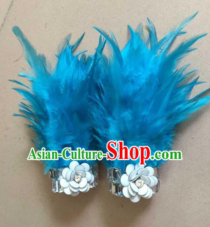 Top Grade Professional Performance Catwalks Wrist Accessories Bracelets, Brazilian Rio Carnival Parade Samba Dance Blue Feather Bracelet for Women