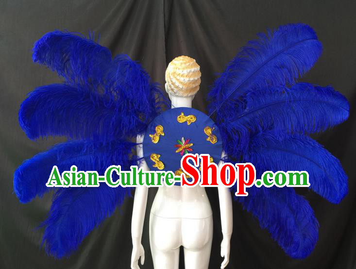 Top Grade Professional Performance Catwalks Royalblue Feathers Decorations Backplane, Brazilian Rio Carnival Parade Samba Dance Wings for Women