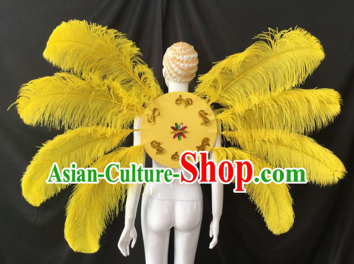Top Grade Professional Performance Catwalks Yellow Feathers Decorations Backplane, Brazilian Rio Carnival Parade Samba Dance Wings for Women