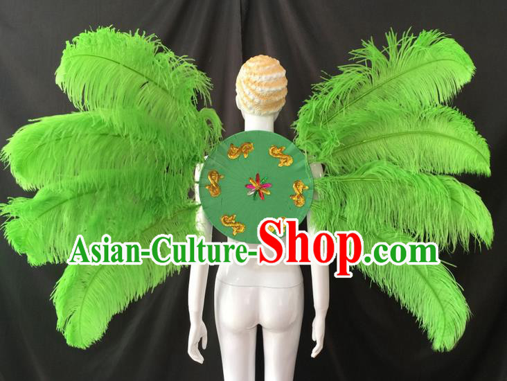 Top Grade Professional Performance Catwalks Green Feathers Decorations Backplane, Brazilian Rio Carnival Parade Samba Dance Wings for Women