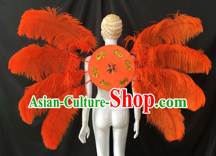 Top Grade Professional Performance Catwalks Orange Feathers Decorations Backplane, Brazilian Rio Carnival Parade Samba Dance Wings for Women