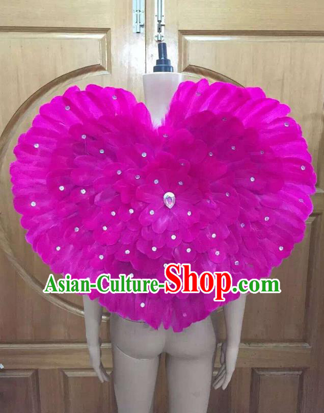 Top Grade Professional Performance Catwalks Rosy Feathers Decorations Heart-shaped Backplane, Brazilian Rio Carnival Parade Samba Dance Props for Women