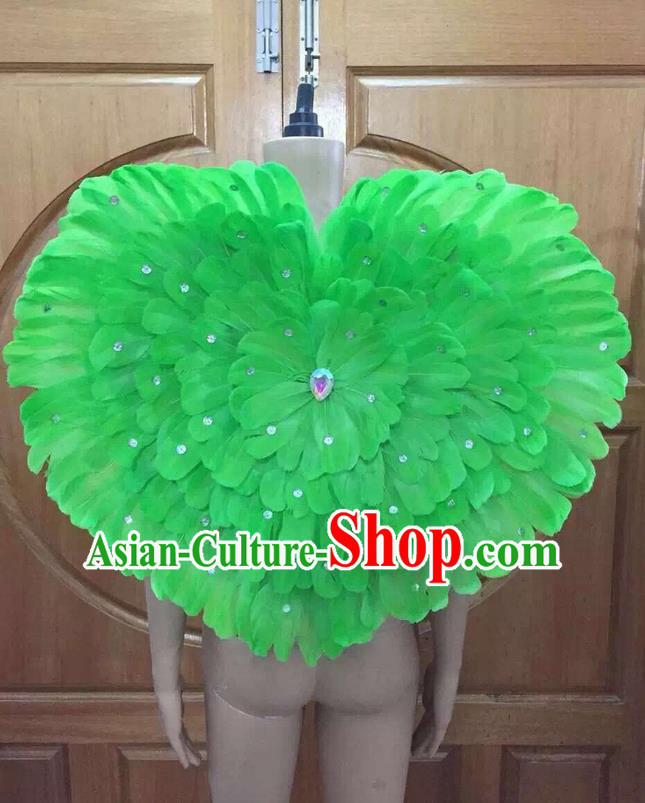 Top Grade Professional Performance Catwalks Green Feathers Decorations Heart-shaped Backplane, Brazilian Rio Carnival Parade Samba Dance Props for Women