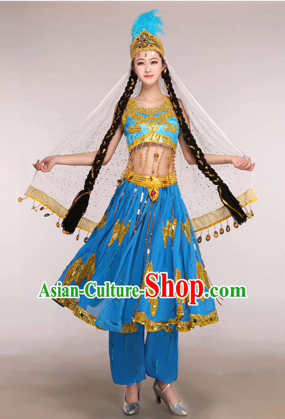 Blue Traditional Xinjiang Folk Dance Costumes for Adults Chinese Minority Ethnic Dance Outfits