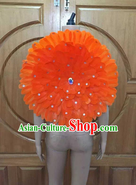 Top Grade Professional Performance Catwalks Orange Feathers Decorations Round Backplane, Brazilian Rio Carnival Parade Samba Dance Props for Women