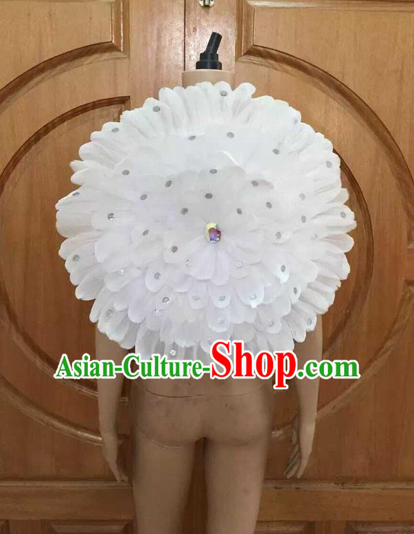 Top Grade Professional Performance Catwalks White Feathers Decorations Round Backplane, Brazilian Rio Carnival Parade Samba Dance Props for Women