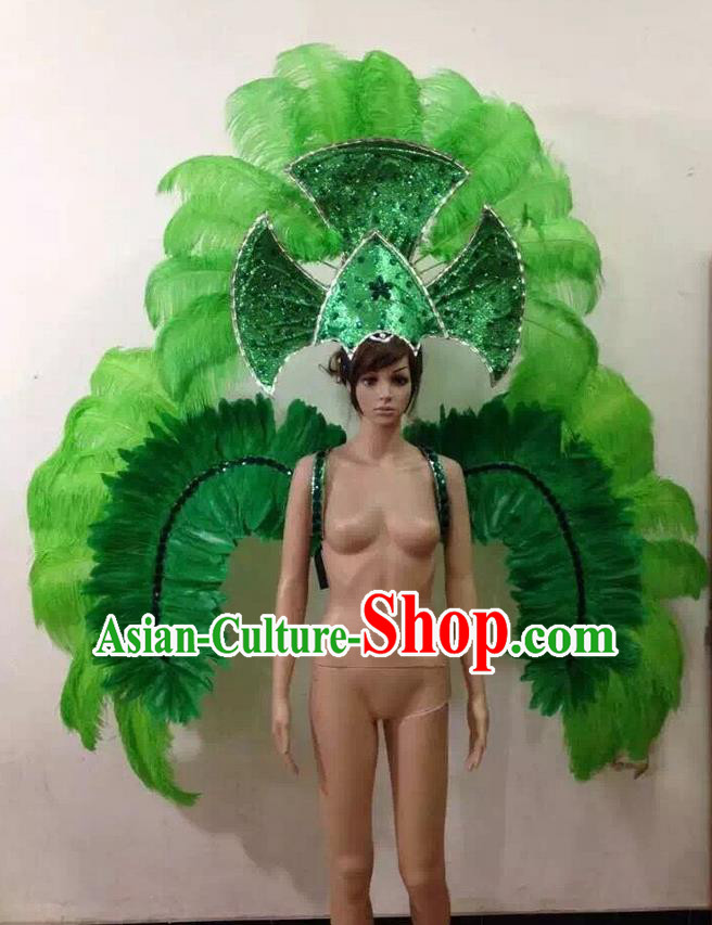 Top Grade Professional Performance Catwalks Halloween Green Feathers Decorations Backplane and Headwear, Brazilian Rio Carnival Parade Samba Dance Wings for Women