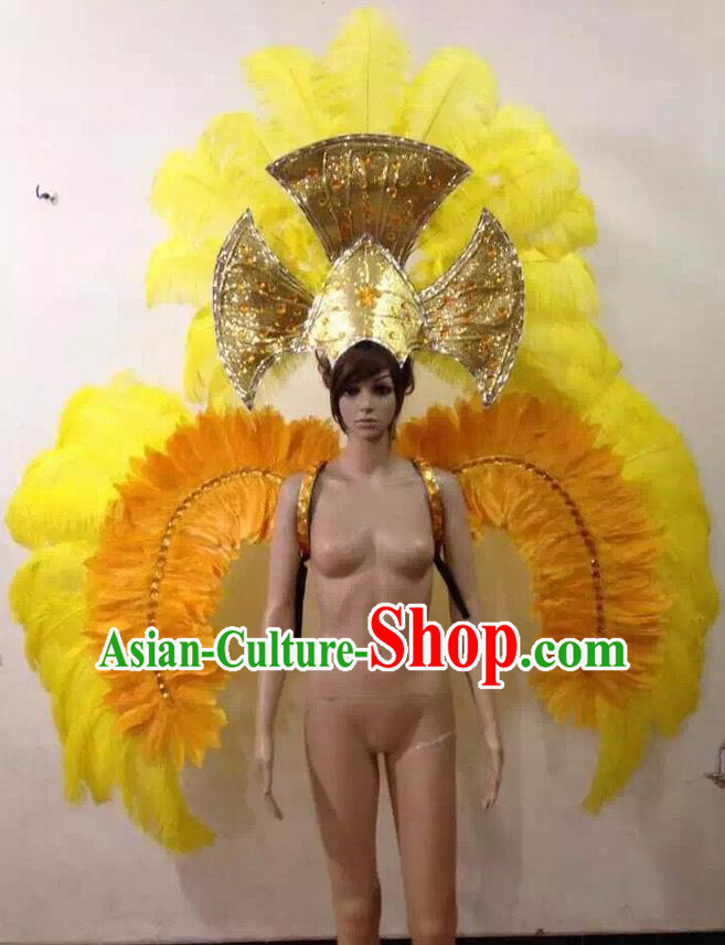 Top Grade Professional Performance Catwalks Halloween Yellow Feathers Decorations Backplane and Headwear, Brazilian Rio Carnival Parade Samba Dance Wings for Women