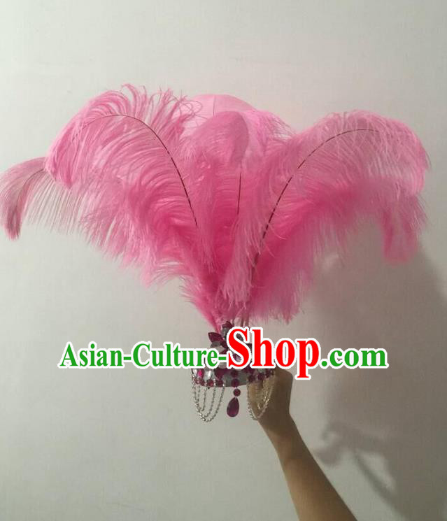 Top Grade Professional Performance Catwalks Halloween Pink Feathers Head Decorations Headpiece, Brazilian Rio Carnival Parade Samba Dance Headwear for Women