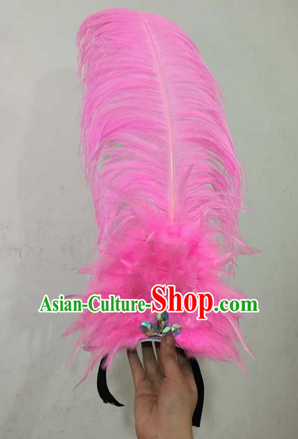 Top Grade Professional Performance Catwalks Halloween Pink Feathers Head Decorations Headpiece, Brazilian Rio Carnival Parade Samba Dance Headwear for Women