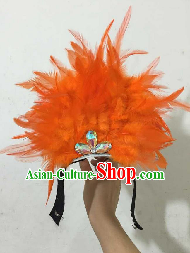 Top Grade Professional Performance Catwalks Halloween Orange Feathers Head Decorations Headpiece, Brazilian Rio Carnival Parade Samba Dance Headwear for Kids