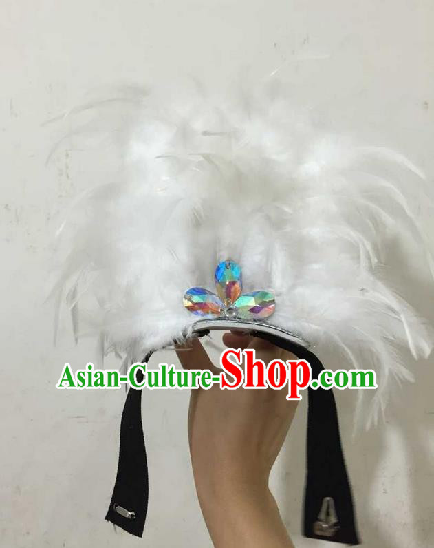 Top Grade Professional Performance Catwalks Halloween White Feathers Head Decorations Headpiece, Brazilian Rio Carnival Parade Samba Dance Headwear for Kids