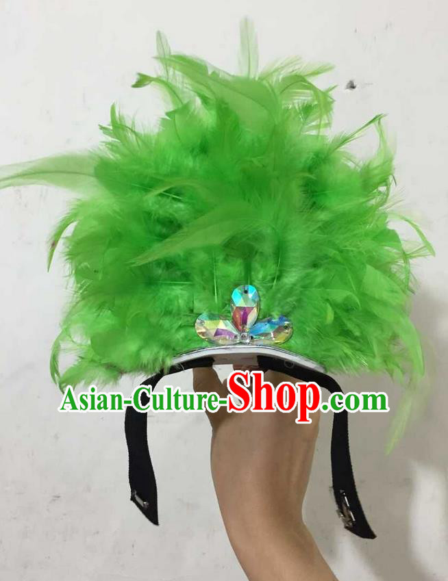 Top Grade Professional Performance Catwalks Halloween Green Feathers Head Decorations Headpiece, Brazilian Rio Carnival Parade Samba Dance Headwear for Kids