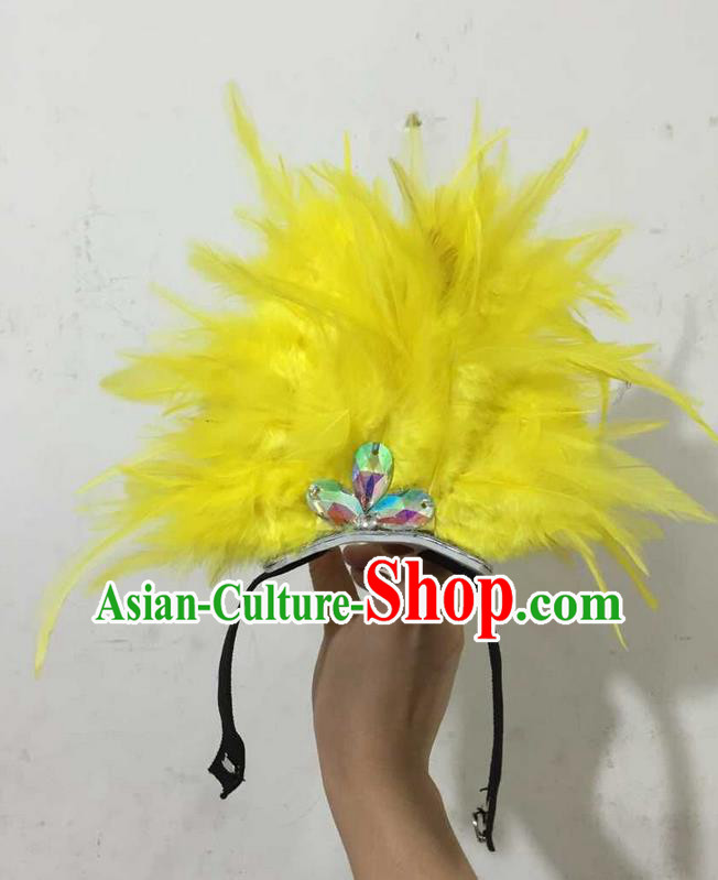 Top Grade Professional Performance Catwalks Halloween Yellow Feathers Head Decorations Headpiece, Brazilian Rio Carnival Parade Samba Dance Headwear for Kids