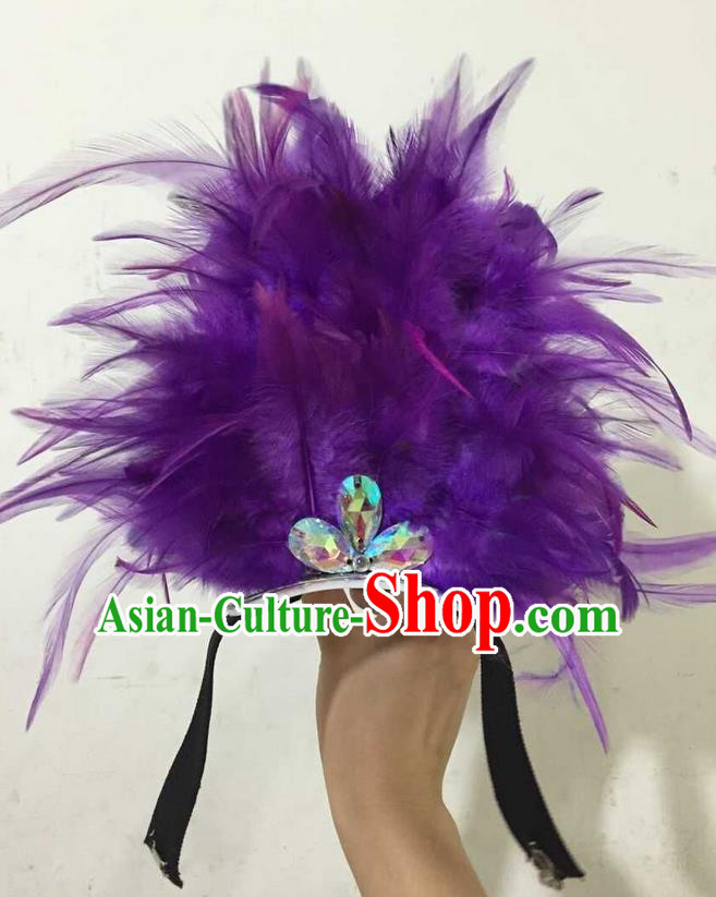 Top Grade Professional Performance Catwalks Halloween Purple Feathers Head Decorations Headpiece, Brazilian Rio Carnival Parade Samba Dance Headwear for Kids