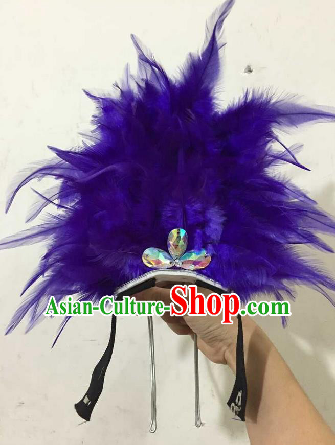 Top Grade Professional Performance Catwalks Halloween Royalblue Feathers Head Decorations Headpiece, Brazilian Rio Carnival Parade Samba Dance Headwear for Kids