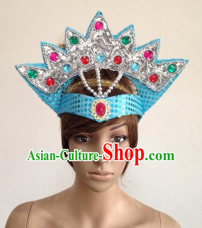 Top Grade Professional Performance Catwalks Blue Crystal Crown Decorations Hair Accessories, Brazilian Rio Carnival Parade Samba Dance Headpiece for Women