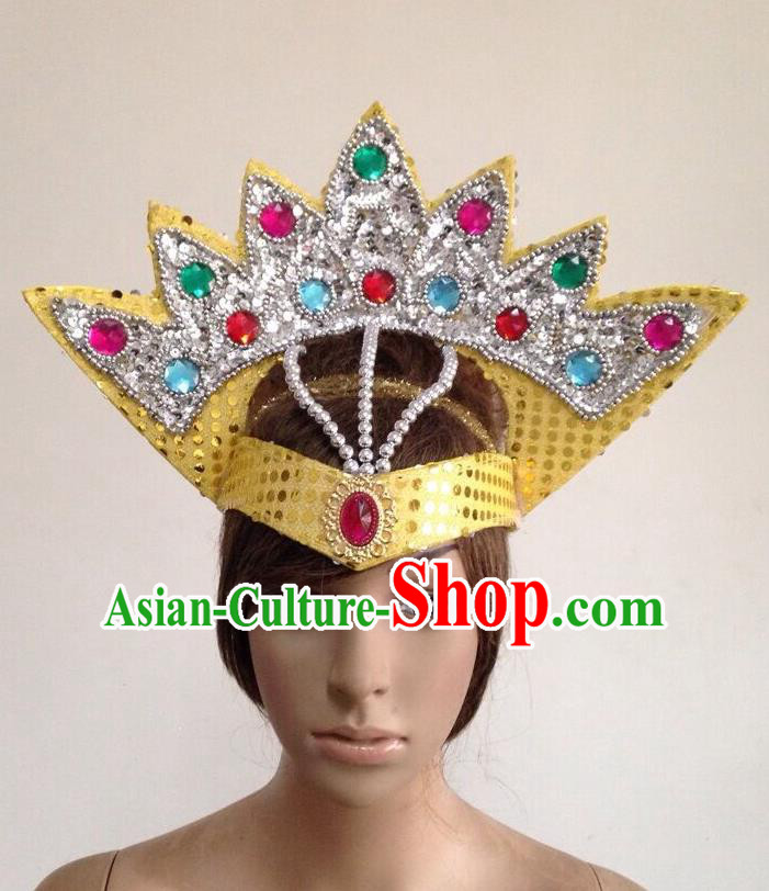 Top Grade Professional Performance Catwalks Yellow Crystal Crown Decorations Hair Accessories, Brazilian Rio Carnival Parade Samba Dance Headpiece for Women