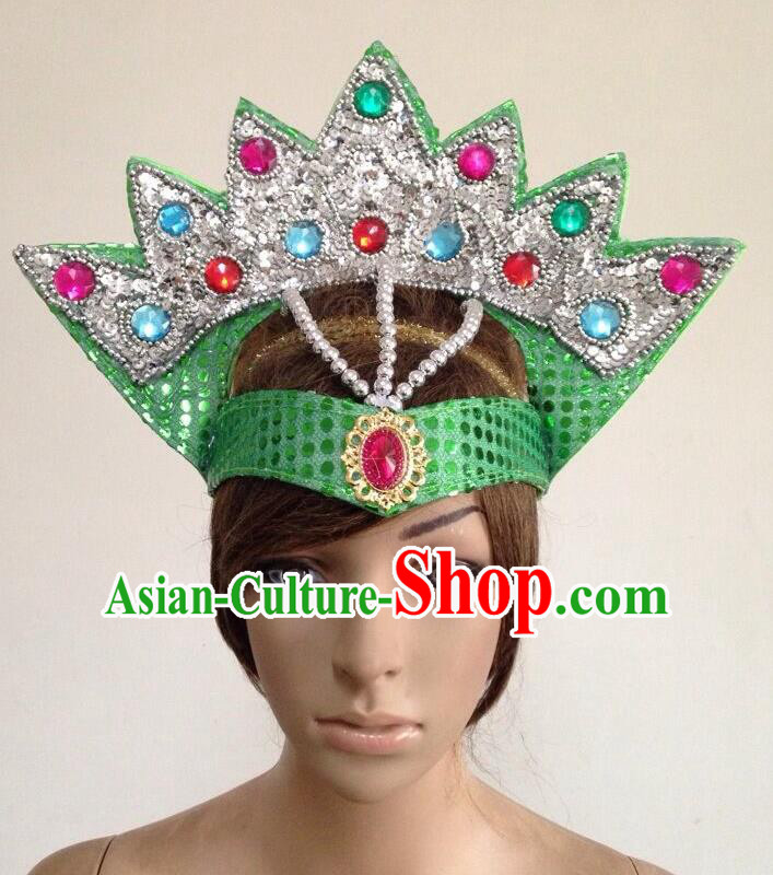 Top Grade Professional Performance Catwalks Green Crystal Crown Decorations Hair Accessories, Brazilian Rio Carnival Parade Samba Dance Headpiece for Women