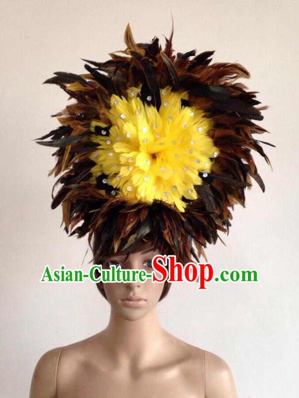 Top Grade Professional Performance Catwalks Yellow Feather Hair Accessories, Brazilian Rio Carnival Parade Samba Dance Headpiece for Women