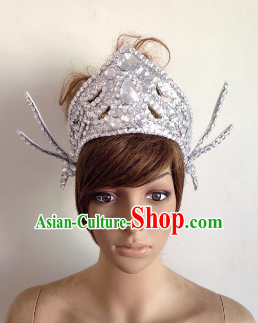 Top Grade Professional Performance Catwalks Queen Crystal Crown Hair Accessories, Brazilian Rio Carnival Parade Samba Dance Headpiece for Women