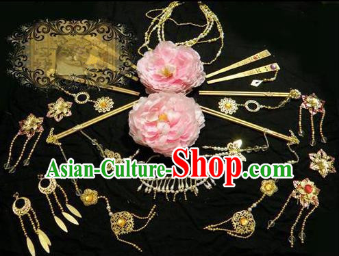 Top Grade Traditional China Ancient Cosplay Hair Accessories and Necklace Earrings, China Ancient Wedding Bride Princess Headpiece Headwear Hairpins Complete Set for Women