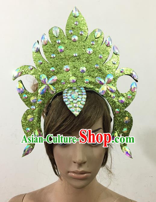 Top Grade Professional Performance Catwalks Queen Crystal Green Crown Hair Accessories, Brazilian Rio Carnival Parade Samba Dance Headpiece for Women