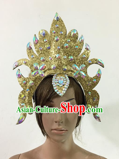 Top Grade Professional Performance Catwalks Queen Crystal Golden Crown Hair Accessories, Brazilian Rio Carnival Parade Samba Dance Headpiece for Women