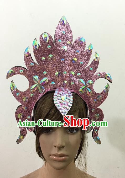 Top Grade Professional Performance Catwalks Queen Crystal Pink Crown Hair Accessories, Brazilian Rio Carnival Parade Samba Dance Headpiece for Women