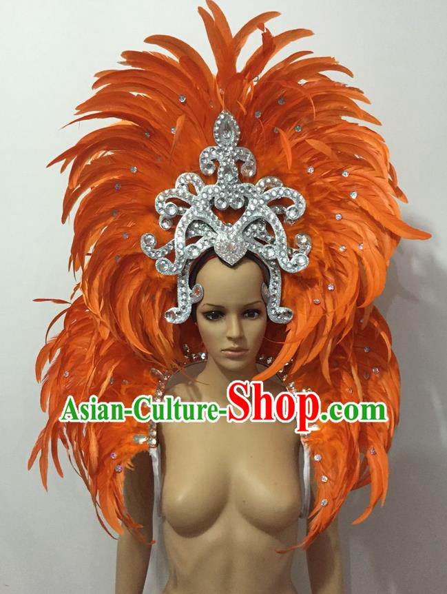 Top Grade Professional Performance Catwalks Opening Dance Orange Feather Big Hair Accessories, Brazilian Rio Carnival Parade Samba Dance Headpiece for Women