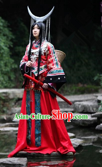 Top Grade Traditional China Ancient Cosplay Miao National Minority Wedding Costumes, China Ancient Hmong Bride Red Clothing for Women