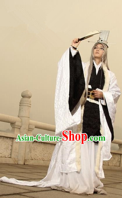 Top Grade Traditional China Ancient Cosplay Military Counsellor Costumes, China Ancient Zhuge Liang Hanfu Robe Clothing for Men