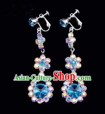 Chinese Ancient Peking Opera Head Accessories Young Lady Diva Colorful Crystal Blue Water Drop Earrings, Traditional Chinese Beijing Opera Hua Tan Eardrop Ear Pendants